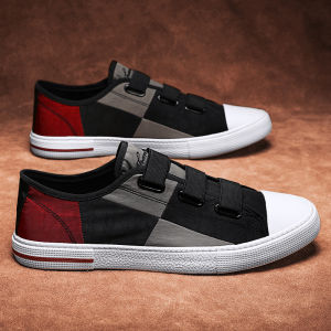 Mens Canvas Slip-On Shoes Anti-Slip Magic Tape No-Lace Leisure Fashionable Flat Heel Low Cut Spring Autumn Seasonal Wear