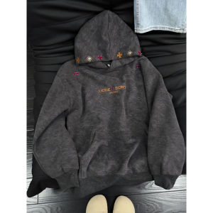 Black Tie-dye Embroidered Hooded Winter Jacket