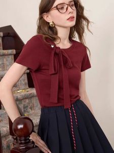 French Sash Design Casual Short Sleeve Overhead T-Shirt Stylish Summer Fashion Age-Defying Top for Young Women Commute Style