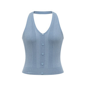 V-Neck Knitted Halter Neck Design Short Fitted Top