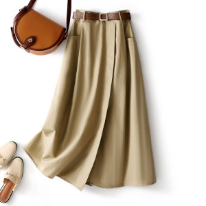 Kaki Color Retro Half Skirt Womens Style 2025 Spring New A-Line Casual Workwear Skirt Mid-Length Simple High Waist Cotton