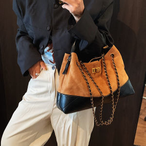 Vintage Suede Shoulder Bag Womens Large Capacity Tote Bag Underarm Bag Chain Strap Handbag Soft Leather Pure Color
