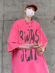Pink Short Sleeve Hiphop T-shirt Mens Summer American High Street Oversize Five Sleeve Seven Length Casual Fashion Tee