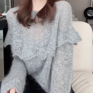 Spring Fashion Womens Knitted Hollow out Sweater round Neck Loose Fit Comfortable Soft Grey Lace Edge Versatile Knitwear Top