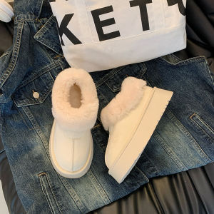 รองเท้าบู๊ตหิมะหนาสำหรับผู้หญิงฤดูหนาว 2025 รองเท้าบู๊ตหิมะหนาแบบสวมสบาย ขนแกะ หนังสัตว์ รองเท้าบู๊ตหิมะส้นสูงครึ่งแข้ง