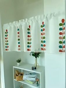 Divsha Colorful Embroidered Leaves Short Sheer Curtain Valance with Tassles for Kitchen Window Decorative Rod Pocket Drapes and Tiers for Cafe/Cabinet