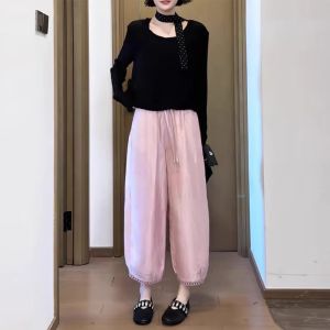 Pink Harlan Casual Pants Womens Loose Fit Pear Shape Body Slimming Nine Point Lantern Pants Autumn New Style plus Size