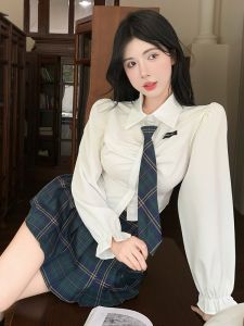 GUZILIAN | ชุดนักเรียน JK แขนยาว กระโปรงสั้นทรงเอเอวสูง ชุดนักเรียนฤดูใบไม้ผลิและฤดูใบไม้ร่วง ชุดนักเรียนหวานๆ ลายสก็อต