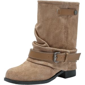 Agsdon | Retro Khaki Short Boots For Women Suede Western Style Thick Heel