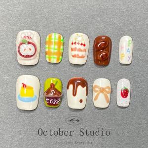 Handmade Nail Art Stickers Sweet Heart Tea Party Cute White Enhancing Long- Medium Length False Nails Wearable Nail Tips