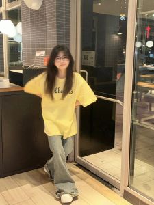 American High Street Short Sleeve Womens T-shirt Yellow Summer Loose Fashion Brand Letter Print Cotton round Neck Top