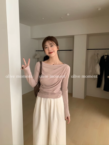 Pink Long Sleeve Womens T-shirt Waist-Cinching Vintage INS Atmosphere Unique Swing Collar Elegant Thin Shirt Early Autumn New Style