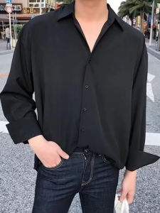 Black Casual Silk Long Sleeve Shirt Mens Spring Summer Thin High-End Feeling Cool Gentleman Style Business Casual Top