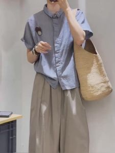 PAIBOLI | Blue Short Sleeve Shirt Womens Large Size Summer New Lazy Style Versatile Top Fashionable Korean Loose Fit High Waist Design