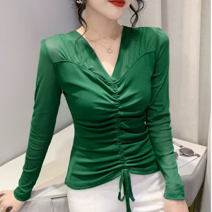 Áo Thun Cổ Chữ V Tay Dài Ôm Vừa Vặn Thời Trang Thu Đông Cho Nữ Áo Sơ Mi Dài Tay Gợi Cảm Đa Năng Thiết Kế Xếp Ly