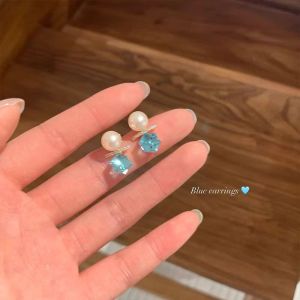 Blue Zircon Alloy Ear Studs Womens Fashion Jewelry Explosive Bead Pearl Zircon New 2025 High-End Feelings Earrings