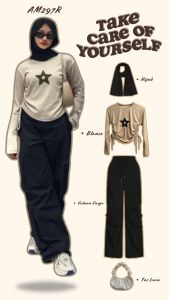 1 set baju outfit cewek cod ( Blouse Serut + Celana Cargo + Pashmina + Tas Lucu ) Setelan AM297R