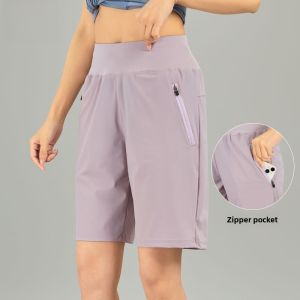 Quick-Drying Running Shorts Womens Elastic Breathable Zipper Pocket Fifth Pants Casual Sports Fitness Yoga Sweat-Wicking Middle Pants