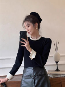 French Black Pearl Stand Collar Slim Fit Knitted Base Shirt Womens Small Fragrance Style Inner Wear Early Autumn Top High End Sweater
