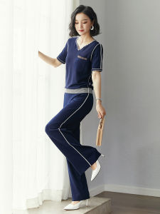 AHZV Ice Silk Knitted Casual Wide Leg Pants Set Women Summer Fashionable Two Piece Thin Model V Neck Long Sleeve Short Sleeve