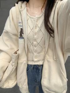 Retro American Brandy Girl BM Zipper Hoodie Pure Cotton Embroidered Bear Loose Outerwear Womens Long Sleeve Cardigan