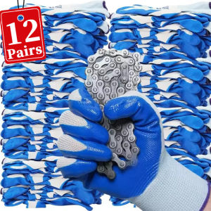 12Pairs Blue Nitrile Non-slip Gloves / Breathable Wear-resistant Work Gloves / Rubber Labor Protective Gloves / Auto Repair Construction Garden Gloves