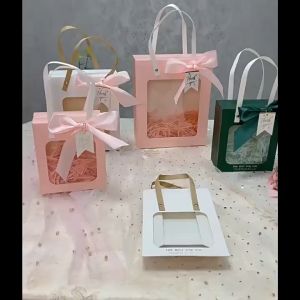 (🇹🇭พร้อมส่ง) ถุงกระดาษใส่ของขวัญ ถุง+กระดาษฝอย+โบว์ ถุงกระดาษใสด้านหน้า ส่งไว