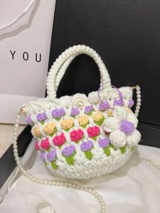 Finished Tulip Hand-Woven Bag Wool Hook Knitting Shoulder Messenger Bag Gifts for Girlfriend Handbag