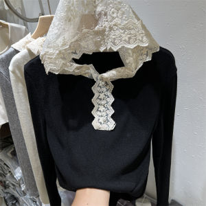 เสื้อยืดคอกลมแขนยาวถักลายลูกไม้สุดเท่สำหรับผู้หญิง เสื้อเชิ้ตทรงหลวมสไตล์เกาหลี ทรงตรง ฤดูใบไม้ร่วง/ฤดูหนาว 2024