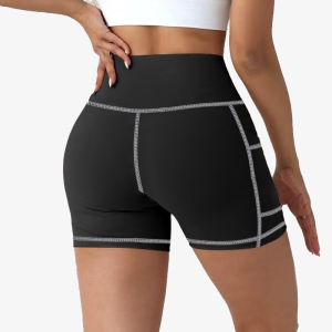 Women High Waist Leggings Yoga Shorts with Pockets Contrast Stitching Butt Lifting High Stretchy Shorts for Gym Fitness Running