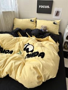 INS Pure Color Yellow with Black Cute Panda Towel Embroidery Washed Cotton Bed Four-Piece Set Bed Sheet Student Three-Piece Set