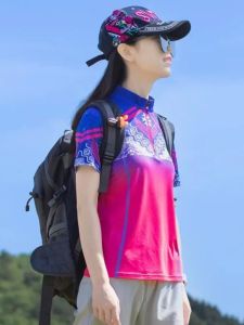 2024 New Arrival Quick Drying Clothes Womens Short Sleeve Outdoor Sports Short Sleeve Stand Collar Tops Retro Print Summer Casual T-shirt