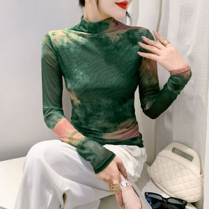 Áo nữ nhuộm dài tay Batik Yimei áo thun lưới đàn hồi rộng áo sơ mi mặc trong in cổ áo cao thoáng khí