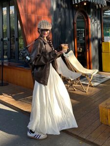 Elegant Soft White Satin Halter Neck Long Skirt Spring Summer Commute Style High Waist A-Line Midi Skirt for Young Women