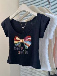 Áo Thun Cotton Lanh Tre Cổ Chữ U Tay Ngắn Dáng Ôm Mùa Hè Cho Nữ Phong Cách Hàn Quốc Cổ Chữ U Tay Lửng Cơ Bản