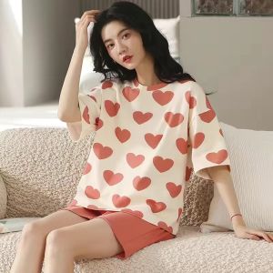 Pure Cotton Sleepwear Set for Women Short Sleeve Crewneck Summer Thin Section Capri Pants with Chest Pad Home Service Style