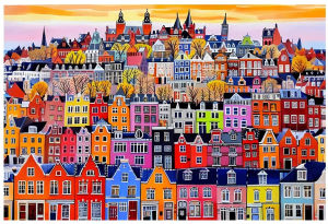 1000pcs Jigsaw Puzzle for Adults - Vibrant Cityscape with Colorful Buildings & Autumn Trees Large Size Family Activity Brain