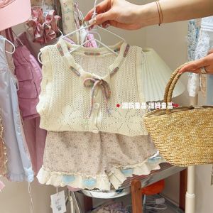 Summer New Sweet Knitted Vest Top Girls Floral Shorts Princess Style Childrens Clothing Set Daily Wear Thin Material Soft Fabric