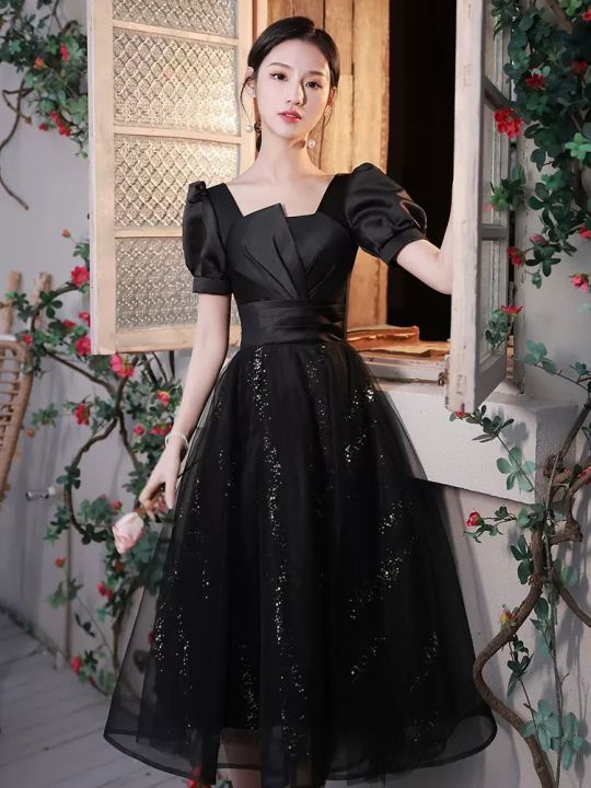 Elegant Black Evening Dress Women's Birthday Party Ball Gown Korean Style  Beaded Short Sleeve mid Waist Fit for Wedding Date Company Annual Meeting  Performance | Lazada