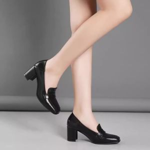 Genuine Leather Womens Single Shoes Spring Autumn New Style Retro Square Head Thick Heel Slip-On Loafers Small Leather Shoes