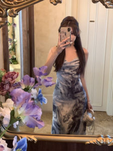 Elegant Watercolor Print Sling Dress Backless Chinese Style Long Summer Dress for Women High Waist A-Line Silhouette Sleeveless