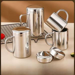 Large Capacity 304 Stainless Steel Mug with Lid for Home Use Children Kindergarten Anti-Scald Double Layer Water Cup