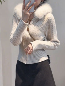 QINGNAER | Korean Sweet Style Fur Collar Knit Cardigan Large Size Womens Cardigan Autumn and Winter