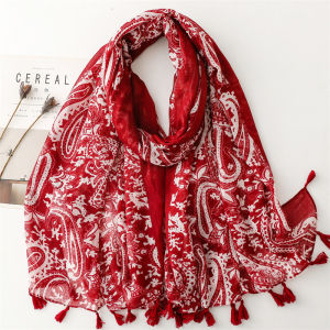 2025 Spring Fashion Maroon Paisley Floral Tassel Viscose Shawl Scarf Lady Print Soft Pashmina Hijab and Wraps Foulard Muslim