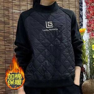 เสื้อสเวตเตอร์คอปกสูงแบบสวมหัวผ้าฝ้ายบุขนแกะหนาสำหรับฤดูใบไม้ร่วงและฤดูหนาวสำหรับผู้หญิง เสื้อเชิ้ตแขนยาวแบบลำลอง