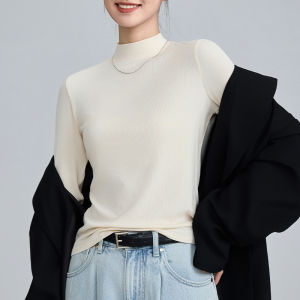 MiiOW | Womens Long Sleeve Knitted Base Shirt Half High Collar Slim Fit Shoulder T-Shirt Autumn Winter Vertical Stripe Tight Inner Wear Top