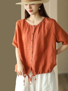 Retro Washed Linen round Neck Shirt Women Summer Solid Casual Short Sleeve Open Cardigan Hem Drawstring Cotton Linen Top Thin