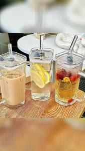 250ML transparent ins with handle glass cup stylish womens summer juice drink cup striped with lid straw cup