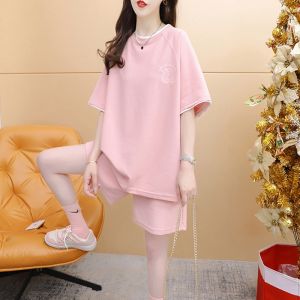 Summer 2023 New Design Casual Versatile Sport Short Sleeve round Neck T-Shirt Shorts Set Two Piece Set Match All Cotton Pure Color