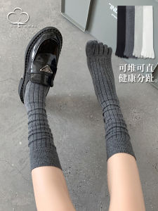 Gray Long Tube Socks Womens Five Finger Spring Autumn Style Cotton Elastic Fiber High Top Pure Color Toe Separating Socks
